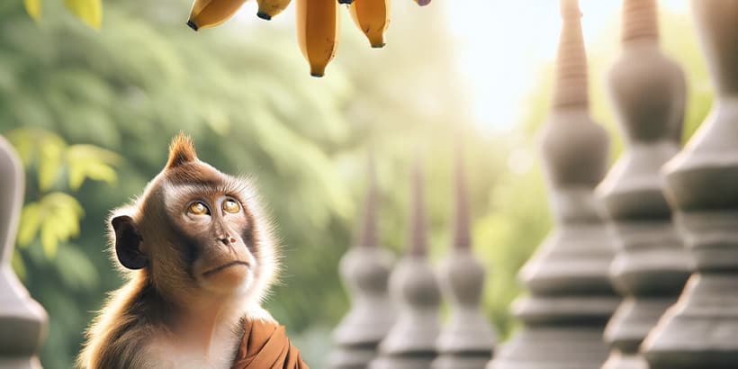 An ape gazes at a bunch of bananas with a lush tree in the background. The background is blurred, creating a natural and immersive scene.