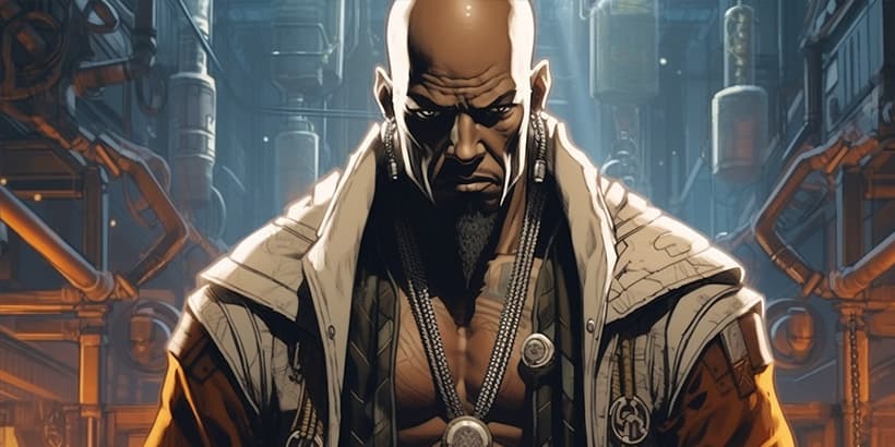 An anime depiction of Nick Fury, the character known for his iconic eye patch, stern expression, and authoritative presence.